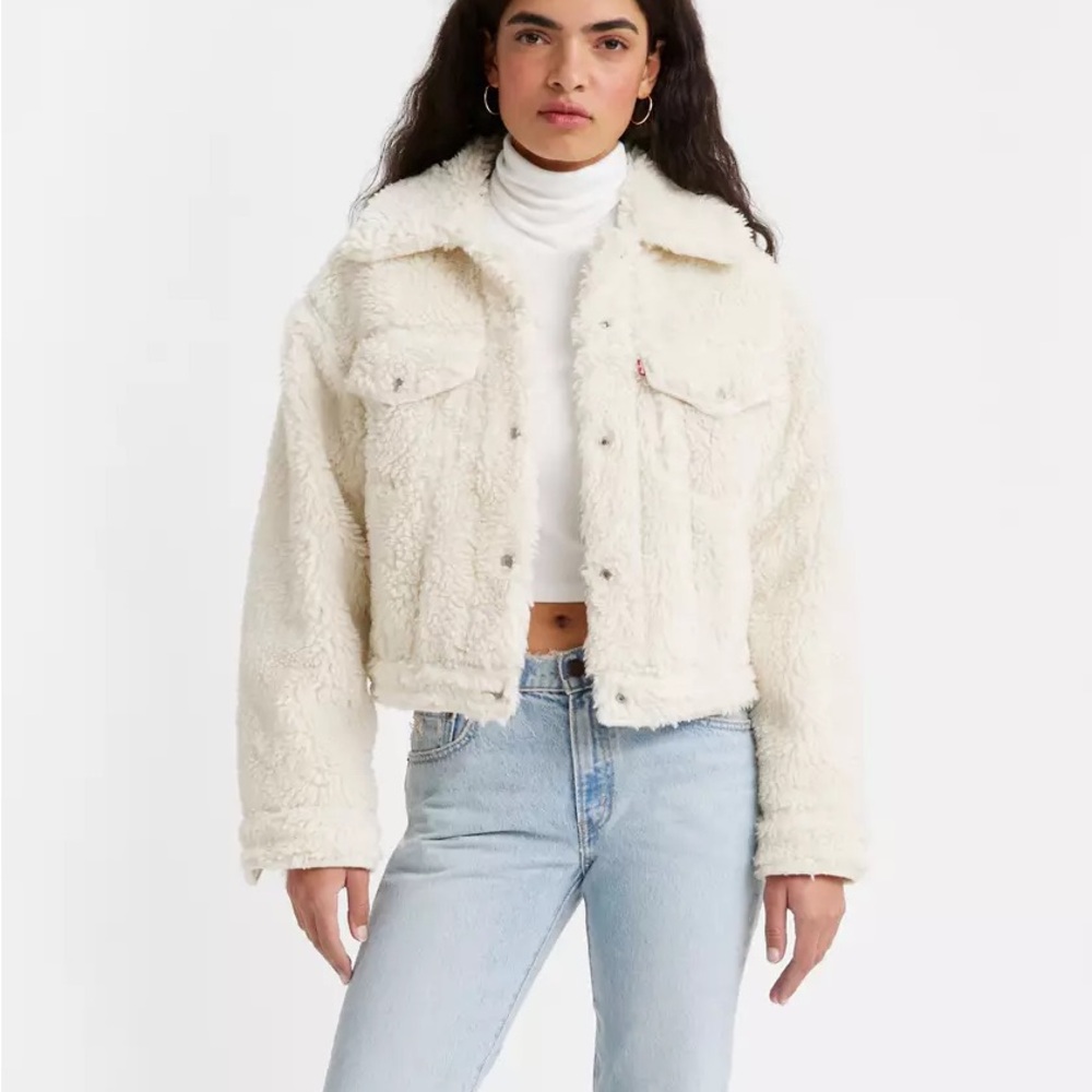 Levi's Cream Teddy Jacket Cropped Sherpa NWOT - Picture 2 of 6
